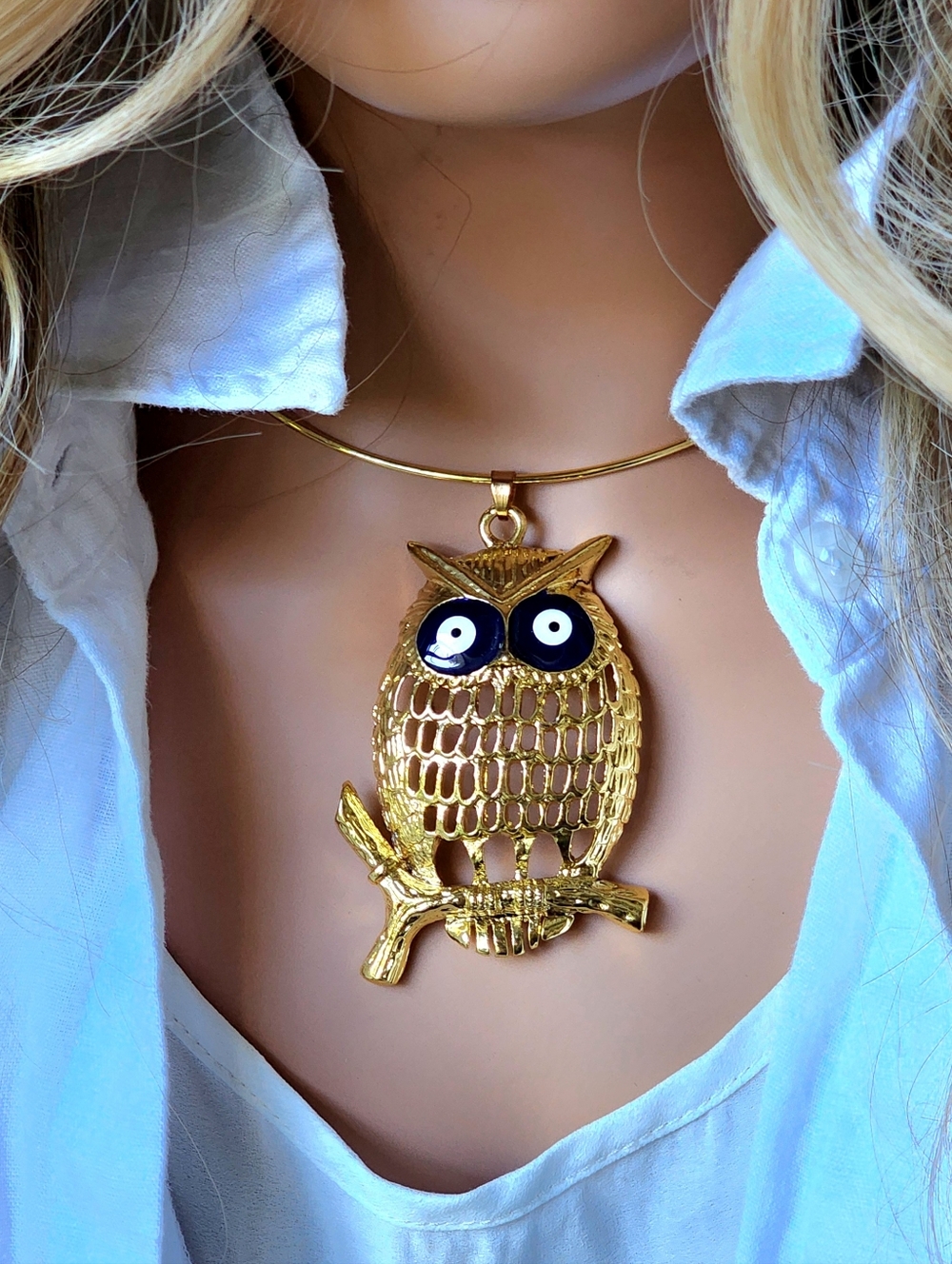 Owl Bird Gold Pendant Gold Necklace big medallion